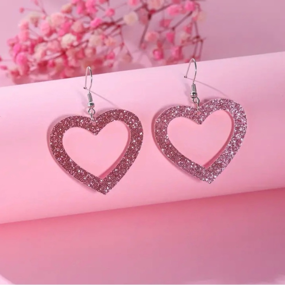 Hollow Pink Heart Glitter Bling Sequins Decor Dangle Earrings